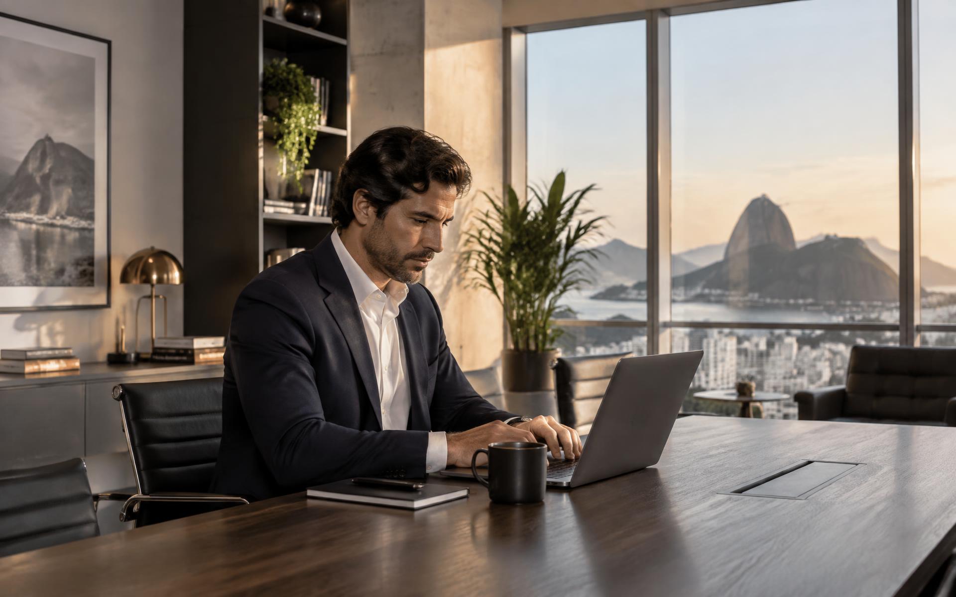 Empresário trabalhando em um escritório com vista urbana